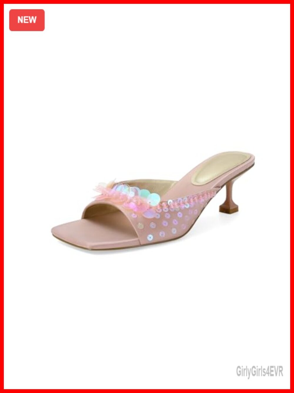 SOVANYOU Sequin Kitten Heel Mules Square Toe Open Toe Heeled Sandals